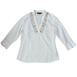 Style & Co. Cream Linen V-Neck Tunic w Gold Floral Embroidered Collar - Size 4